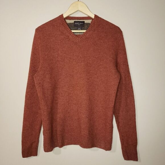 Black Brown 1826 Medium Long Sleeve Brown Rust Lambswool V-Neck Sweater Patches - Picture 1 of 9